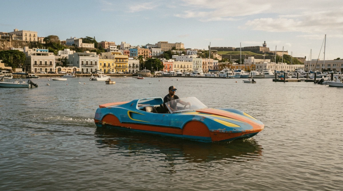 A water jet car cruising San Juan harbour, the alternative to jet ski rental in Puerto Rico