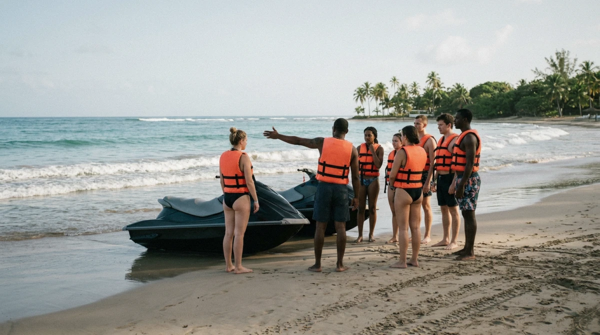 Instructor running a safety briefing beside two jet skis on a Caribbean beach before a jet ski rental in Puerto Rico